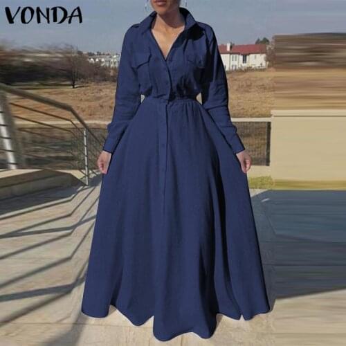 Women Long Maxi Dress VONDA 2021 Spring Pleated Long Sleeve Solid Turn Down Collar Button Up Shirt Dresses Bohemian Vestidos