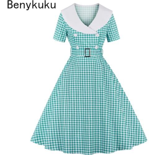 Gingham Print Double Breasted Women Vintage A Line Midi Dresses Retro Cotton High Waist 1950S Rockabilly Plaid Dress Robe Femme