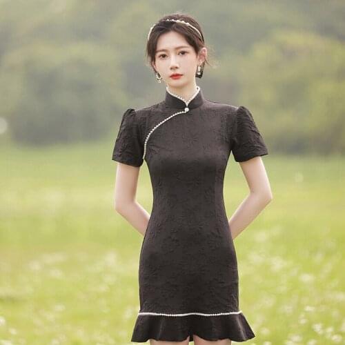 Chinese Traditional New Clothing Qipao Ladies Lace Dress Short Sleeve Cheongsam Green Black Clothing Chinese Latest Lace Dresses