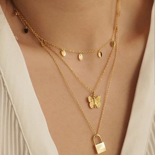 Tocona Bohemian Multi-layer Butterfly Pendant Necklace for Women Gold Color Alloy Lock Water Chain Choker Necklace 15262