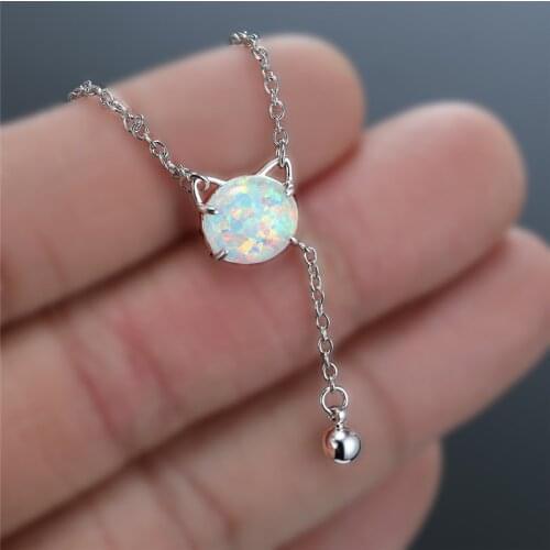Female Cute Small Cat Pendant Necklace Minimalist White Blue Opal Animal Necklace Vintage Silver Color Chain Necklaces For Women