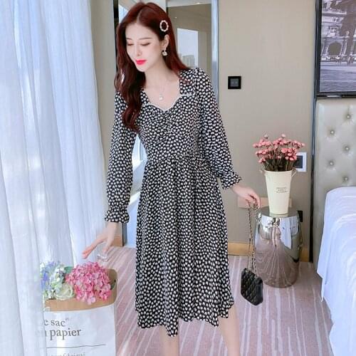 Women Dress Autumn 2021 Brief Office Lady Korea Style Fashion Long Sleeve Floral Print Chiffon High Waist V-Neck Dresses