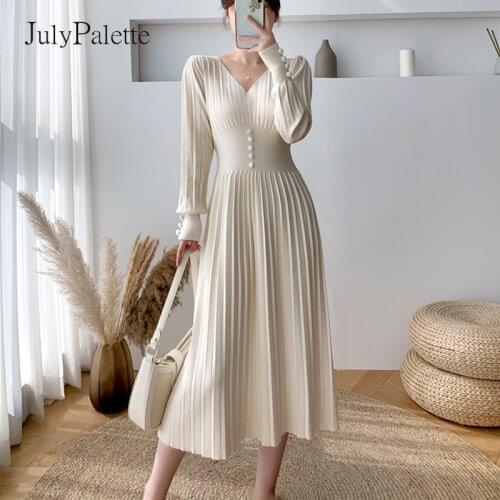 JulyPalette Solid 2021 Thick Sweater Dress Elegant Women High Waist Slim Midi Dress Autumn Winter Warm A-line Knit Dress Femme