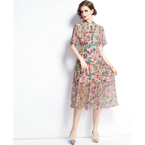 Ladies Vintage Stand Collar Floral Printed Autumn Dresses 2021 Womens Designer Pearl Clasp Elegant Vacation Midi Dress