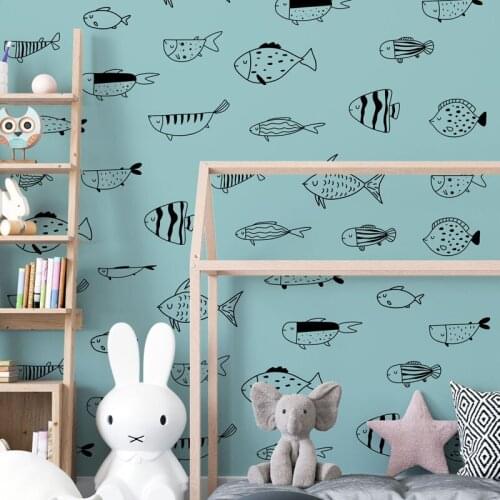 White And Black Cartoon Fishes Wall Stickers Cute Kindergarten Wallpaper Fashion Wall Decal For Kids Room Warm Home Decoration