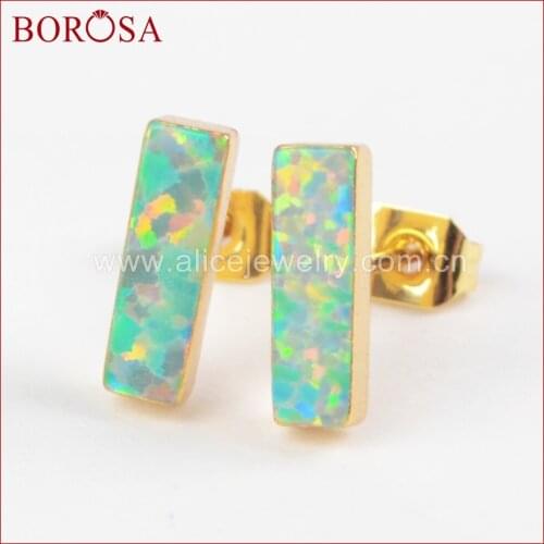 BOROSA Fashion Druzy Gold Color Rectangle White and Blue Japanese Opal Stud Earrings Opal Earrings for Women Jewelry G1423