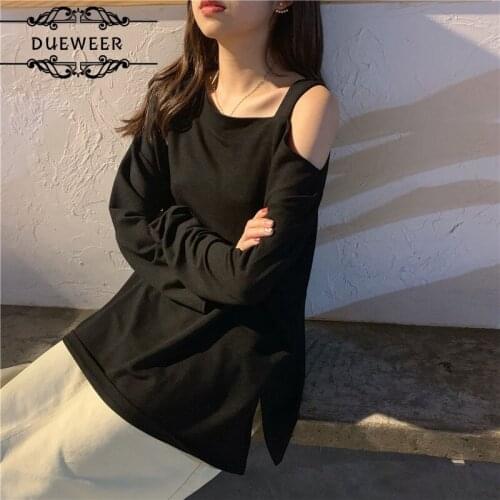Women Long Sleeve T-shirts Tees Off-shoulder Chic Loose Casual Ladies Sexy Side Slip Trendy Autumn Solid Korean Style