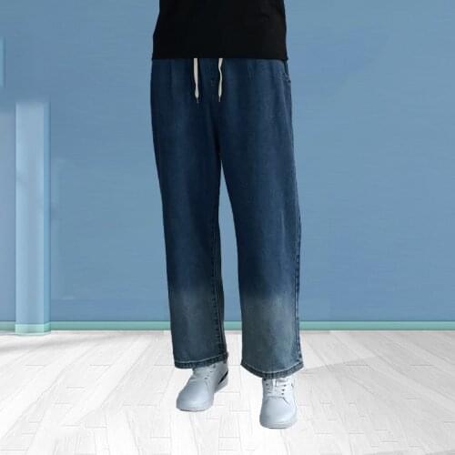Gradient Baggy Jeans Loose Straight Trousers Personality Men Jeans Casual Elastic Waist Pants Wide Leg Featured Pockets Blue