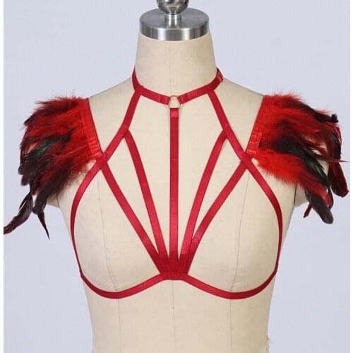 Red Gold-plated accessories Feather Harness Epaulette Bondage Body Harness Bra Belt Gothic Angel Wings Fetish Rave Sexy Lingerie
