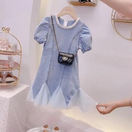 Summer Dresses for Girls Puff Sleeve Denim Dress Teengers Girls Party Mermaid Skirt Dress Kids Lace Pearl Dress Children Clothes