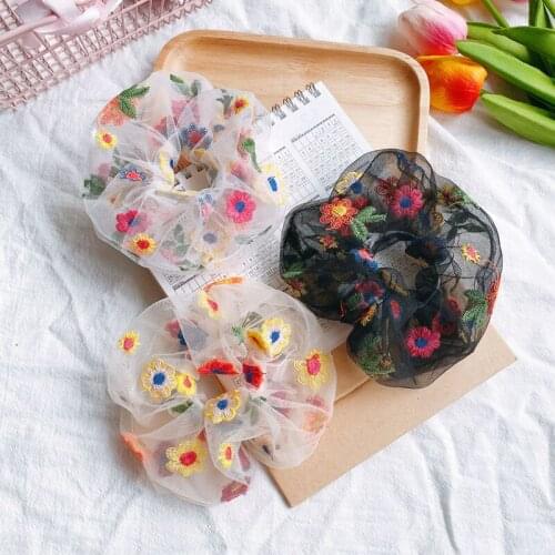 Fashon White Black Floral Embroidery Hair Scrunchies Women Hair Ties Ponytail Holder Accessories
