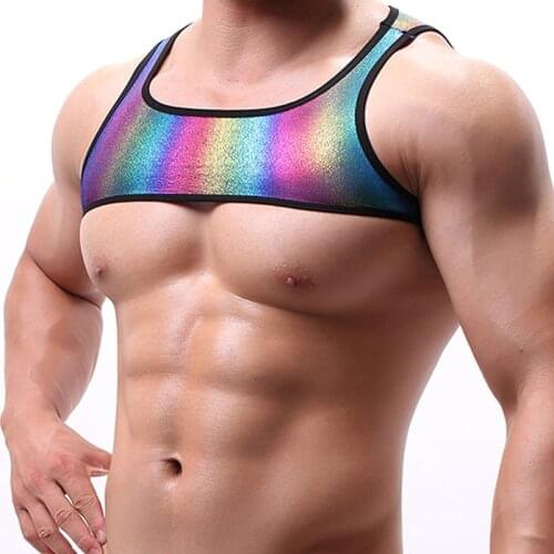 Men Colorful Slim Fit Half Tank Top Shoulder Chest Strap Harness Sleeveless Short Crop Top Tank Muscle Costume Clubwear