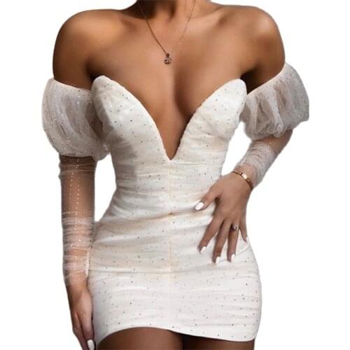 2021 new mesh sequined long-sleeved sexy dress strapless deep V-neck mini dress womens nightclub boutique clothing Vestidos