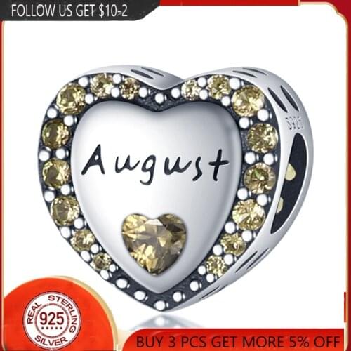 2021 NEW 100% 925 Sterling Silver August Heart Bead Charms Fit Original Pandora Bracelets Bangle Make DIY For Women Jewelry Gift