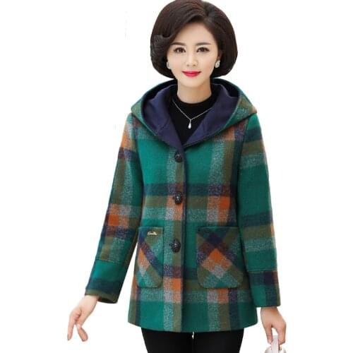 Mother Clothing Winter Woolen Coat 2021 Autumn Fashion Lattice Hooded Wool Jacket Female Casual Loose Overcoat Women Parkas Coat