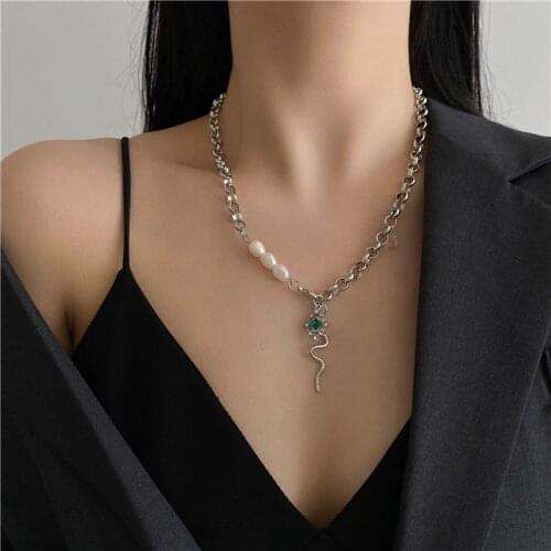 MENGJIQIAO 2021 Fashion Metal Chain Necklace For Women Girls Elegant Freshwater Pearl Green Crystal Pendant Necklace Bijoux