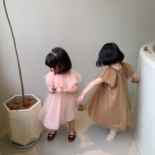 Girls Beach Dress Summer Fly Sleeve Kids Tulle Mesh Tutu Dress Princess Girls Party Wedding Costumes Children Beach Play Clothes