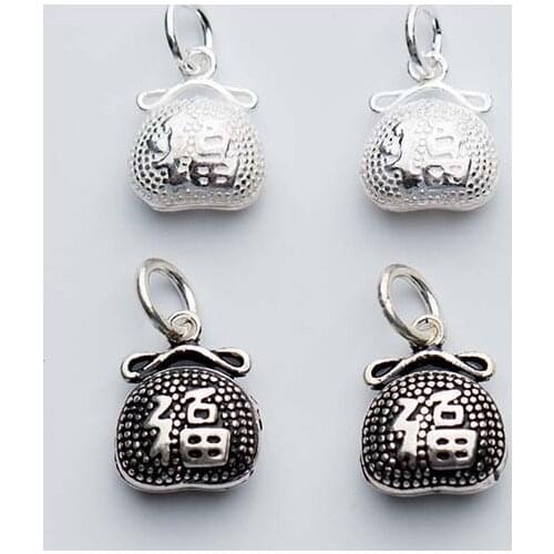 925 Sterling Silver Craft Money Bag Charms Chinese Letter Good Luck Carved Silver Pendants DIY Birthday Jewelry Making Gift
