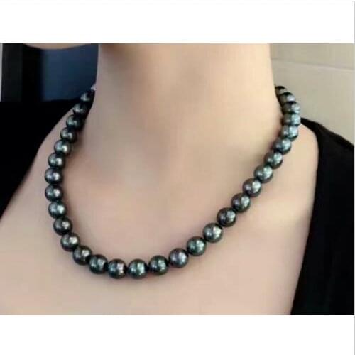 Stunning 9-10mm tahitian round black green pearl necklace 18inch 925 silver