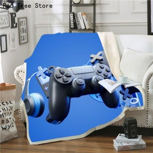 Blue Gamepad Printing Sherpa Blanket Kids Video Games Fleece Cover Kids Adullt Baby Size Gamer Controller Throw Blankets Bedding