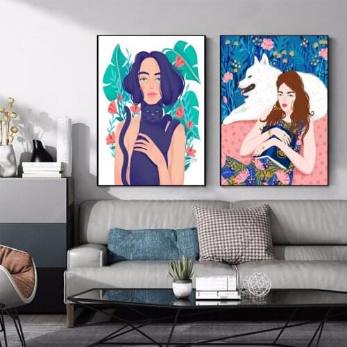 Modern Canvas Paintings Woman and Pet Wall Art Prints Poster Living Room Decor Decorative Paintings Wall Home Decor