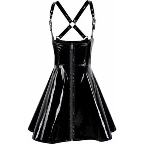 Top Quality S-XXL Women Black PVC Mini Dress Glossy Zipper Vestido Gothic Punk Strap Underbust Dress Night Clubwear
