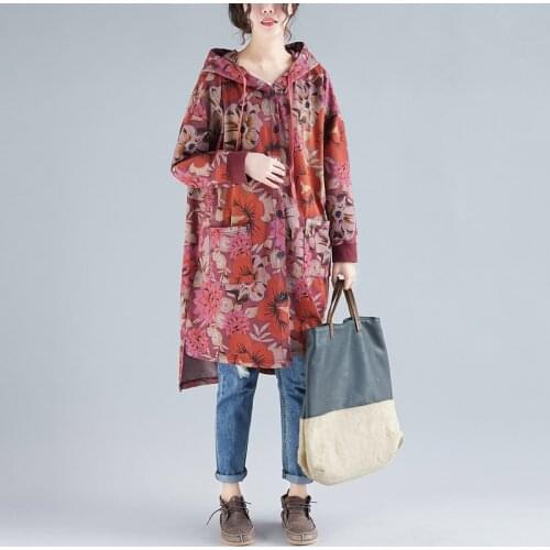 Women Printed Hooded Long Coat Jacket Outwear Ladies Retro Plus Size Hooded Coat Female Retro Print Floral Overcoat Tops Spring
