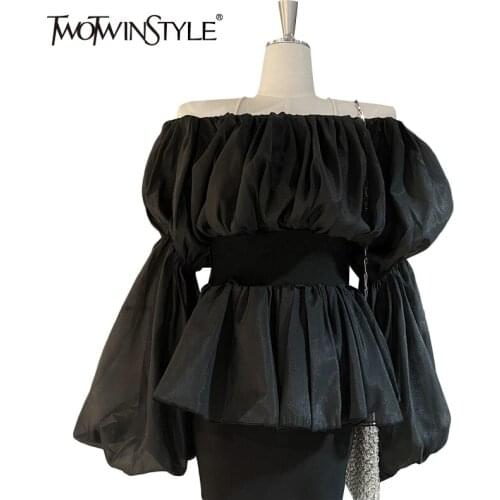 TWOTWINSTYLE White Ruched Sashes Shirt For Women Slash Neck Long Sleeve Elegant Chiffon Blouse Female Fashion New Clothing 2021