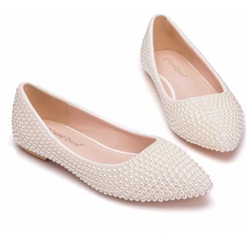 Crystal Queen Women Shoes New Handmade Lady Pearl White Wedding Shoes Flat Fashion Sexy Comfortable Bridal DressShoes