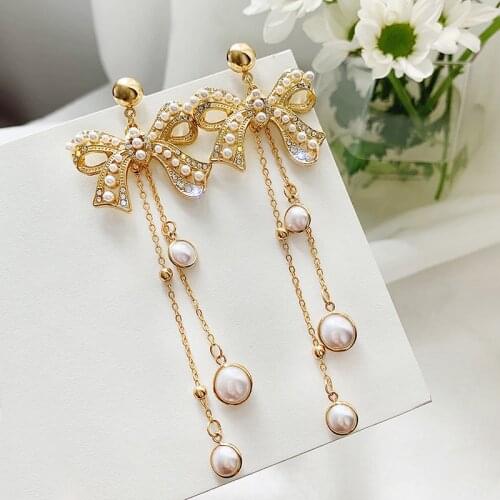 Vintage Bowknot Women Dangle Earrings Bow Pearl Fringed Earrings Bohemian Fashion Earrings For Women Statement