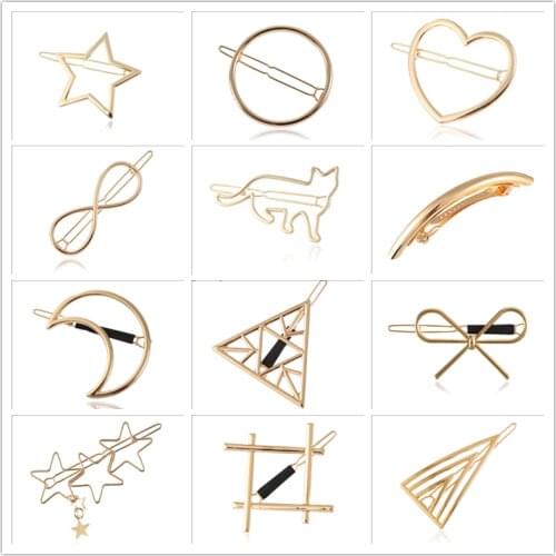 Women Metal Hair Clip Geometric Hairpin Simple Round Star Moon Heart Hairgrip Barrette Girls Hair Accessories Styling Tools