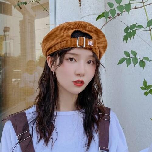 Harajuku Corduroy Beret Hats Women Girls Vintage Artist Painter Hat Winter Autumn Embroidery K Wool Octagonal cap adjust