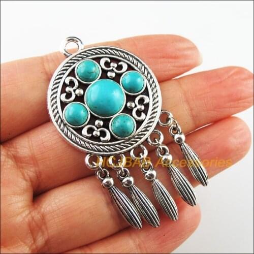 2 New Round Charms Tibetan Silver Stone Waterdrop Tassels Pendants Retro 31x61mm