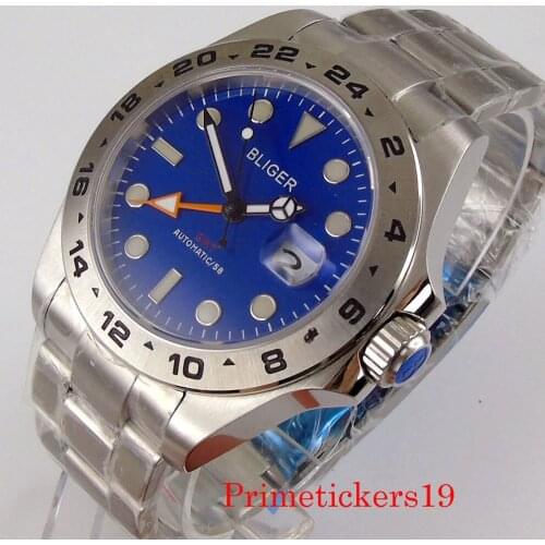 43mm Bliger Blue Dial Automatic Men Wristwatch Sapphire Crystal Calendar GMT Function Silver Color Bezel Insert