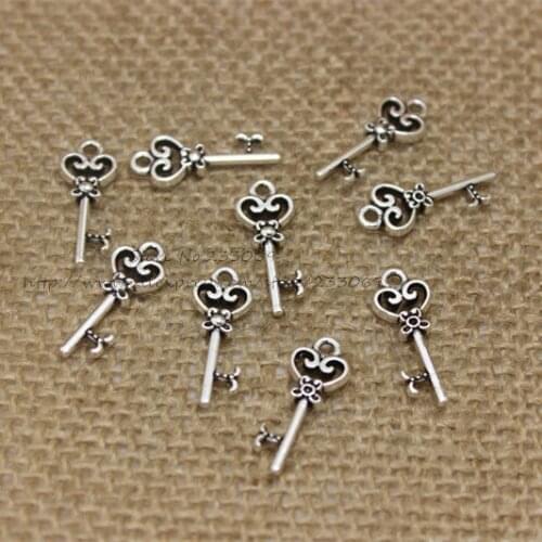 80pcs/lot 7*20mm Key shaped Charm Single Color Vintage Metal Zinc Alloy Fine Trendy Keys Pendant Charms for Jewerly