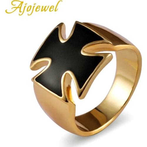 Ajojewel Brand #8-12.5 High Quality Gold-color Enamel Black Cross Men Ring Fashion Jewelry