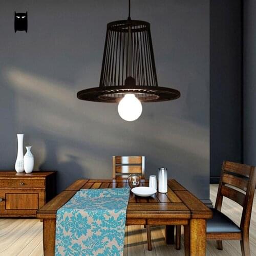 Black Natural Bamboo Shade Hat Pendant Light Fixture Cord Rustic Asian Pastoral Avize Hanging Lamp Luminaria Design Dining Room