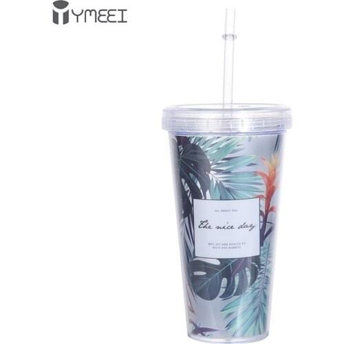 YMEEI Scrub Plant Pattern Double Layer Water Bottle Creative Plastic Mug With Straw Travel Portable Tea Milk Cup Drinkware Gift