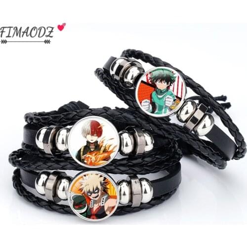 FIMAODZ My Hero Academia Figure Bracelet Cosplay Anime Bracelets Glass Button Charms Kids Boy Punk Leather Bangles Jewelry