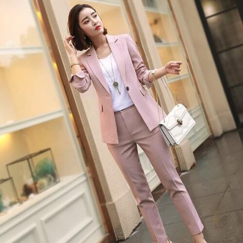 Suits Women Work Pink Pant Suits 2 Piece Set Women Single buckle Striped Blazer Jacket+Trouser Office Lady Suit Feminino