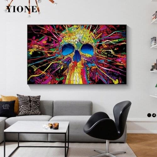 Colorful Abstract Skull Canvas Art Painting Creative Dark Splash Skeleton Wall Prints Poster Picture for Living Room Decoration