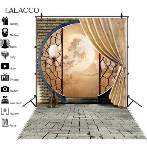 Laeacco Vintage Orient Chinese Round Door Archway Buildings Moon Scenic Photographic Background Photo Backdrop For Photo Studio