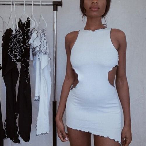 Summer 2021 fashion asymmetric bodycon dress Vest dress Sexy clubwear dress white balck hollow out sleeveless mini dress