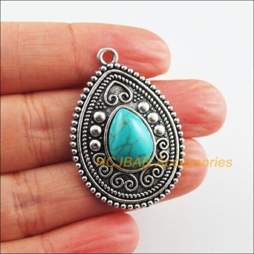 Fashion 3 New Heart Teardrop Charms Tibetan Silver Color Blue Stone Pendants 26.5x38mm