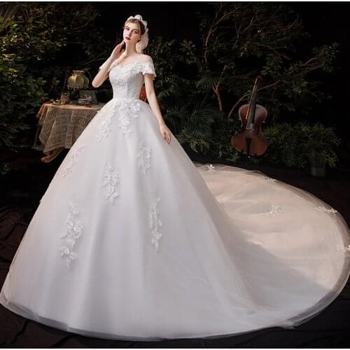 Vestido De Noiva 2020 New Classic O-neck Sweep Train Lace Up Ball Gown Luxury Lace Wedding Dress Plus Size Robe De Mariee