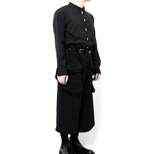 Mens new singer hair stylist urban youth wide legs culottes multi pocket design deep black loose simple casual pants