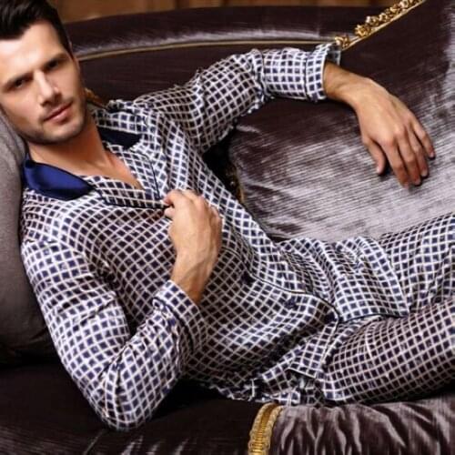 Luxury Mens Silk Satin Pajamas Pajama Pyjamas PJS Sleepwear Set U.S.S,M,L,XL Long Sleeves Blue