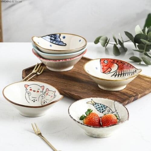 Japanese-style Handle Bowl Ceramic Bowl Snack Dish Pickle Dish Creative Hand-painted Cute Fish Dessert Bowl Fruit Salad Bowl