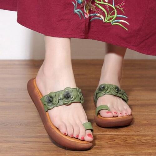 RUSHIMAN Casual Leather Flower womens Slippers New Retro Brush Color Mori Female Cowhide Cold Drag Girl Clip Toe Womens shoes