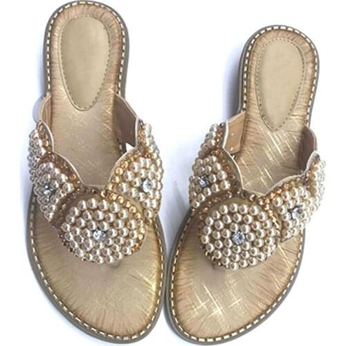 Bohemia beaded flip flops women pearl flower clip toe beach slides ladies crystal platform sandals plus size 40 41 42 slippers